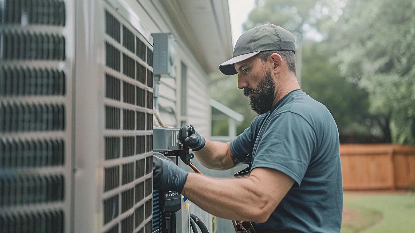 HVAC technician servicing a residential hvac unit on the side of a residential home in the hot summer of Houston, TX