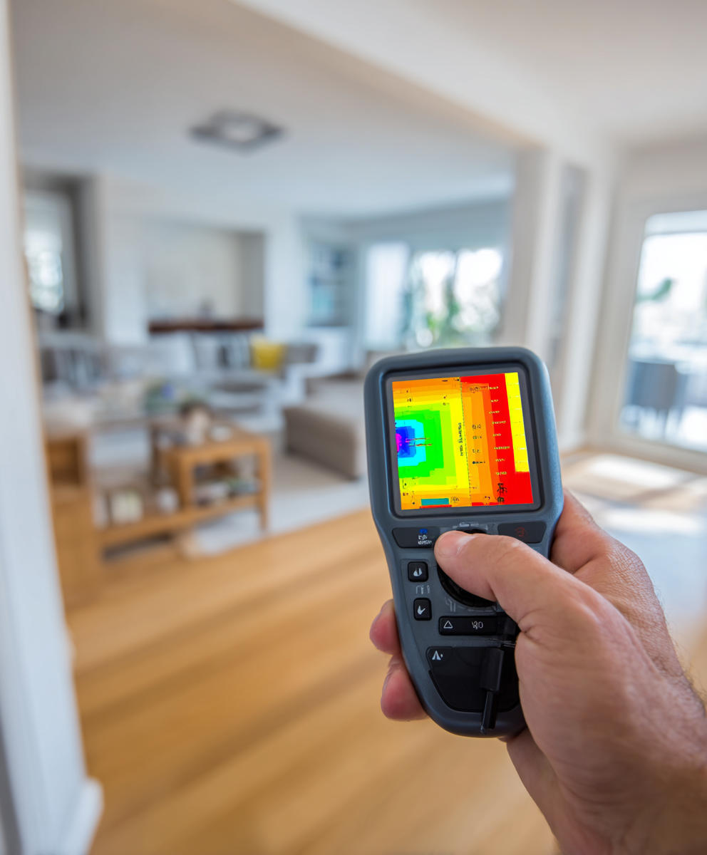 Houston home energy audit using thermal imaging camera to detect heat loss and air leaks in living room — Hage Energy